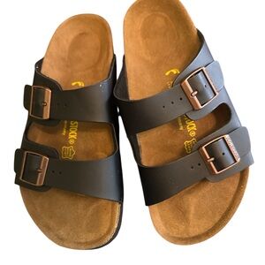 New Birkenstock Arizona Black Leather Sandals Copper Buckles Soft Footbeds